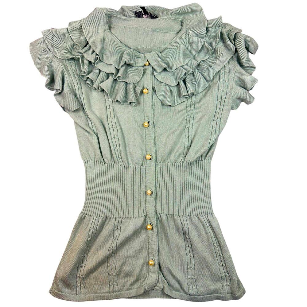Alvin Valley Ruffle Short Sleeve Pearl Button Knit Top S Sage Green